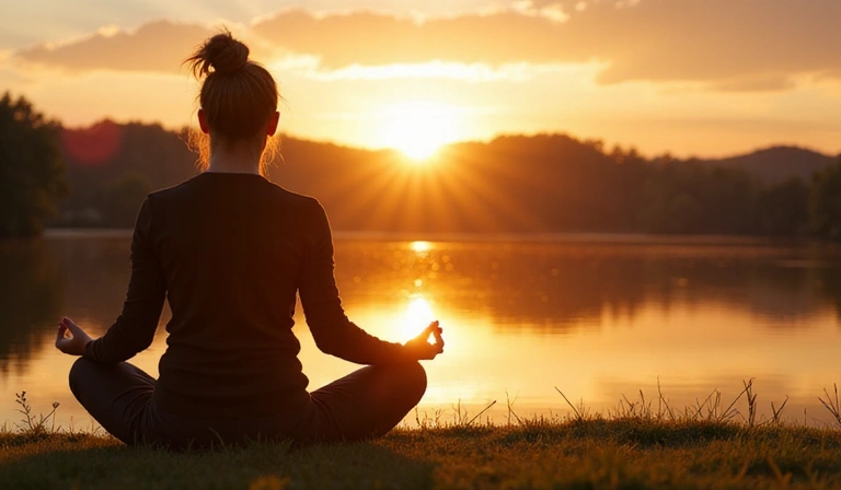 A person meditating peacefully outdoors, symbolizing mental health and mindfulness.