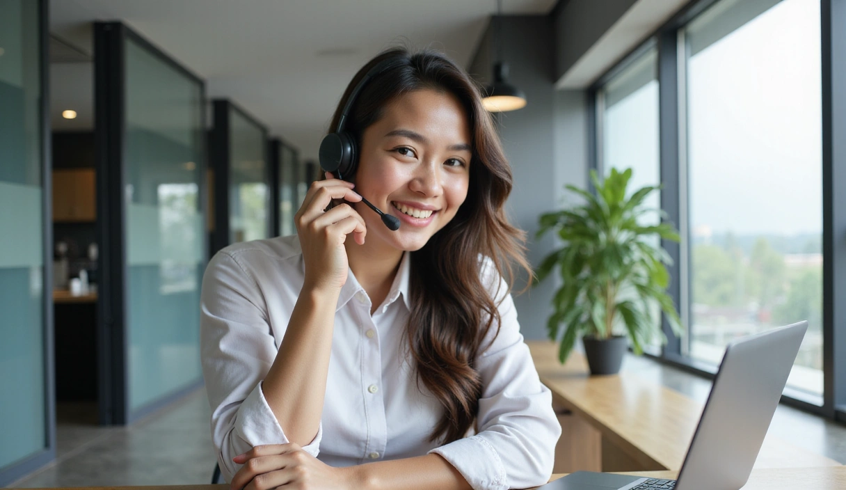 A friendly team member smiling while talking on a headset in a modern office, representing excellent customer service and communication.
