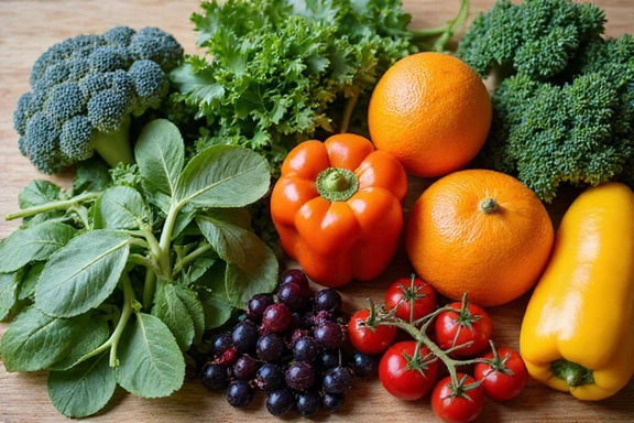 A variety of colorful vegetables and fruits arranged on a cutting board, representing immune-boosting foods.