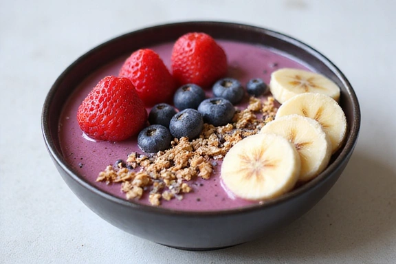 A colorful smoothie bowl topped with fresh berries and granola, representing a healthy breakfast.