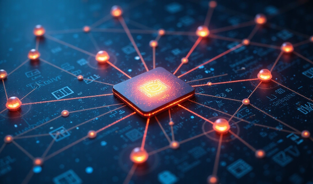 Illustrative image of secure data transmission between different entities, represented by connected nodes and encrypted data packets.