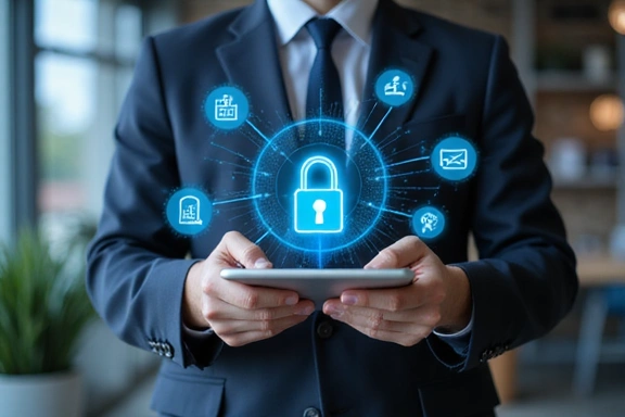 User interacting with a digital device, showing data privacy and security